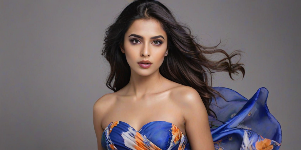 Photographic image of a beautiful young Pakistani woman, brown eyes, lips with blue lipstick, long hair fluttering in the wind and wearing a silk strapless dress with a soft purple and orange print. monochrome image with only color highlights in the iris of the eyes, lipstick and dress. Gray background.