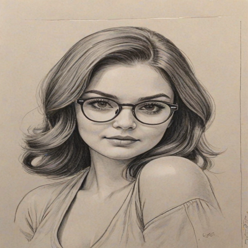Graceful Ariel Winter, pencil sketch, portrait of Splendid woman 1972s in glasses, hair style beatnik, outline, clear lines, fine lines, 8k