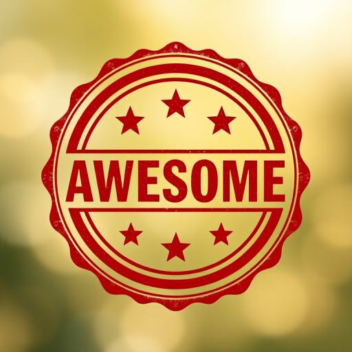 Create a high-resolution vintage-style stamp graphic with a bold "AWESOME" in the center, surrounded by five stars and a circular border, using a DSLR camera with a 50mm lens, f/1.8 aperture, ISO 100, natural lighting, and a soft-focus background to enhance the depth and clarity.