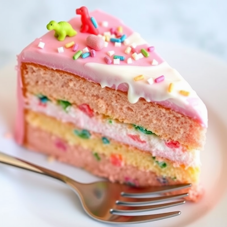 A slice of colorful layered cake with pink frosting and white icing on top adorned with small decorative sprinkles and dinosaur-shaped candy decorations on the frosting, served on a white plate with a fork beside it.