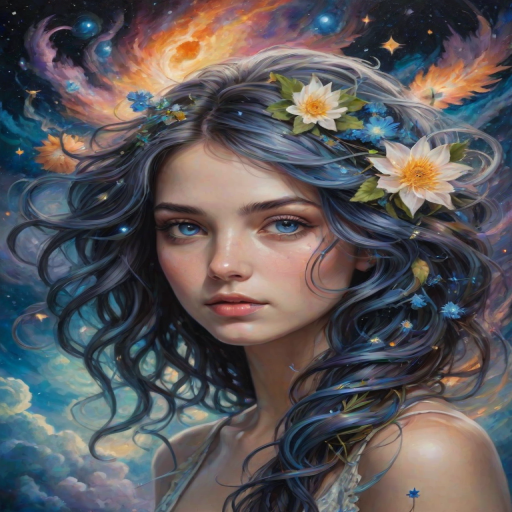 Create a series of imaginative portraits where each subject is infused with elements of fantasy and nature. The hair of the individuals should flow like clouds, varying from soft, fluffy cumulus to wispy cirrus strands, with hints of color reflecting a sunset or a clear blue sky. The eyes should be windows to entire galaxies, with stars, nebulae, and distant planets visible within them. Clothing should be adorned with nature motifs, such as floral patterns that bloom and change, vines that seem to grow and wrap around, or feathers that shimmer with iridescence. Each portrait should capture a unique personality, blending human features with the ethereal beauty of the natural and cosmic world. The backgrounds can vary, from starry night skies to enchanted forests, adding depth and context to the magical realism of the portraits