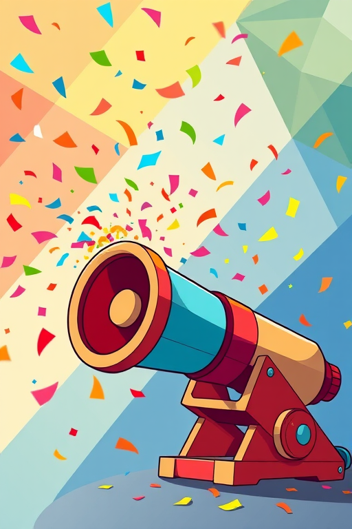 Create a vibrant illustration of a cartoon cannon firing colorful confetti against a dynamic geometric background, shot with a DSLR camera using a 50mm lens at f/2.8, ISO 100, and a shallow depth of field for enhanced detail and richness.