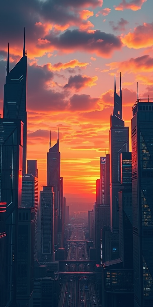 Create an illustration of a futuristic city skyline at sunset, showcasing advanced skyscrapers with neon lights, using a Canon EOS R5 with a 24mm f/1.4 lens, ISO 100, aperture f/8, and a wide-angle perspective for enhanced detail and depth.