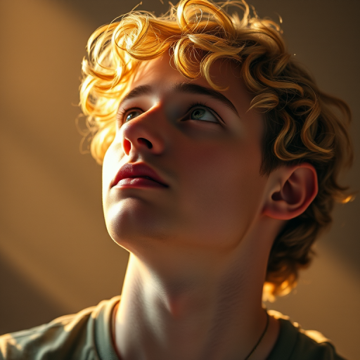 Create a hyper-realistic portrait of a young man with curly blonde hair gazing upwards, illuminated by soft golden light; use a Canon EOS R5 camera with a 50mm lens, aperture set to f/1.8 for a shallow depth of field, and a warm color grading to enhance the ethereal atmosphere.
