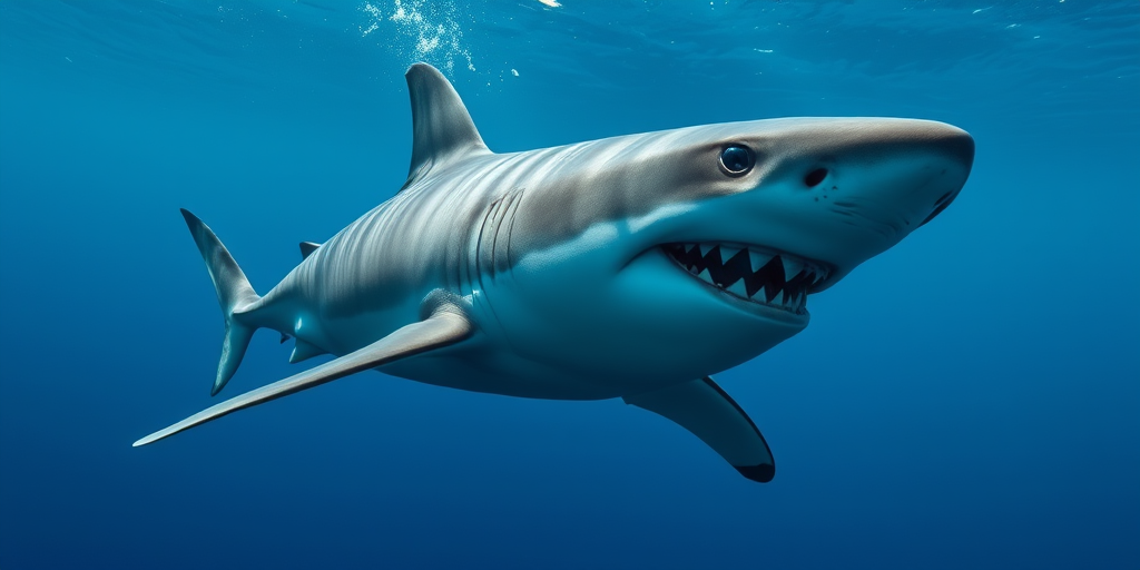 create a realistic illustration of a great white shark swimming in deep blue waters with a 50mm lens, f/8 aperture, ISO 200, shot from an underwater perspective, using a DSLR camera for enhanced detail and clarity