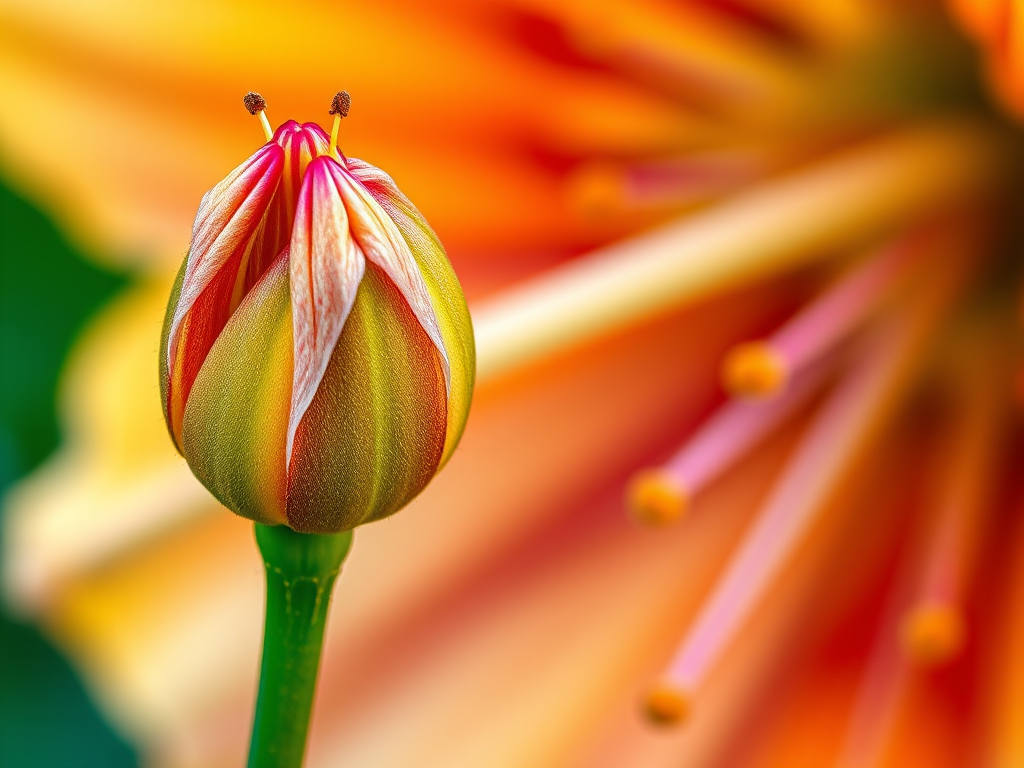 Create a highly detailed and colorful illustration of a flower with a bud on a stem, using a macro lens with a shallow depth of field, natural lighting, and a DSLR camera to capture fine textures and vibrant colors.