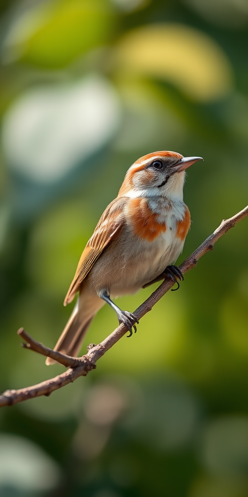 Regenerate the image of a bird perched on a branch with a shallow depth of field to blur the background, using a DSLR camera, 50mm lens, aperture f/2.8, shutter speed 1/250s, ISO 200, in natural light.