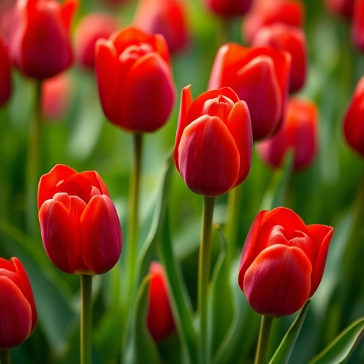 red tulips in full bloom surrounded by green leaves, soft focus background, shot with a Canon EOS 5D Mark IV, 50mm lens, aperture f/1.8, ISO 100, natural light, macro photography.