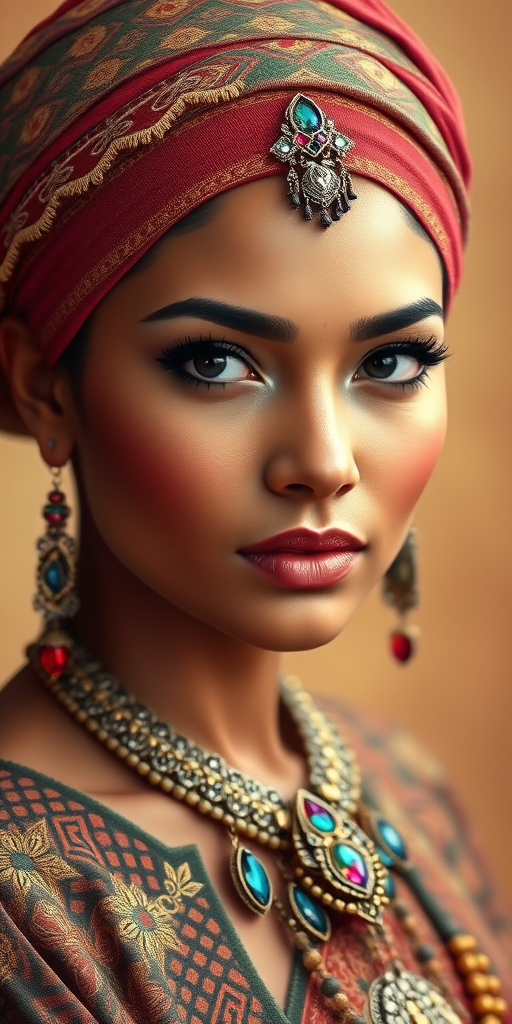 Create a portrait of a beautiful Tongan woman with striking black eyes and a gentle expression. She is adorned in traditional attire with intricate patterns, including a richly embroidered headscarf and matching garments. Her jewelry includes a delicate headpiece, dangling earrings, and ornate bracelets, all featuring vibrant gemstones and detailed metalwork. The background is soft and warm, enhancing the rich colors of her outfit and jewelry.