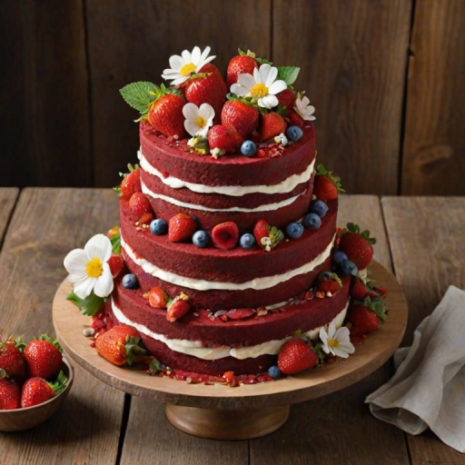 Create an image of a three-tiered cake with layers of red velvet and vanilla. The top is adorned with fresh strawberries and edible flowers. Use a rustic wooden background to enhance the presentation, and include a few scattered strawberries around the base of the cake.