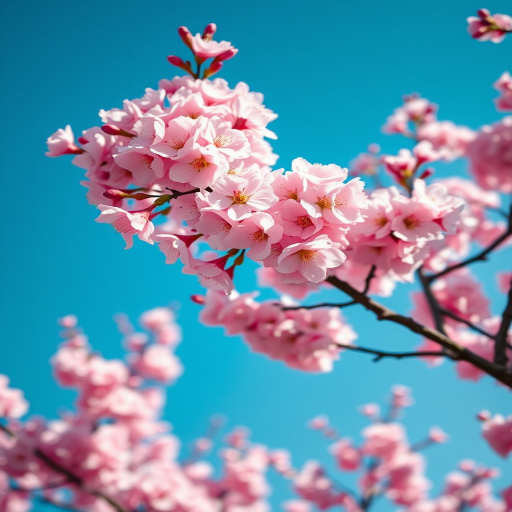 Regenerate a vibrant cherry blossom tree in full bloom against a clear blue sky, captured with a DSLR camera, using a wide-angle lens, f-stop 2.8 for a shallow depth of field, ISO 100 for clarity, and shot in natural light for enhanced color saturation.