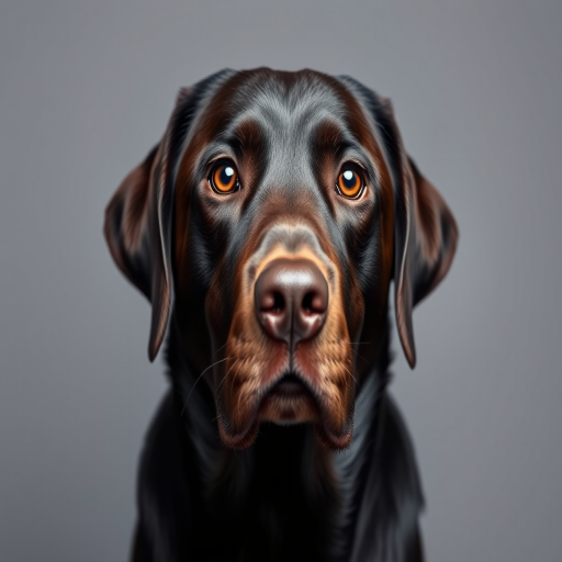 Create a detailed portrait of a Labrador Retriever with expressive amber eyes against a neutral gray background, using a DSLR camera with a 50mm f/1.8 lens, aperture set to f/2.8, ISO 100, and a soft diffuse lighting setup to enhance texture and color vibrancy.