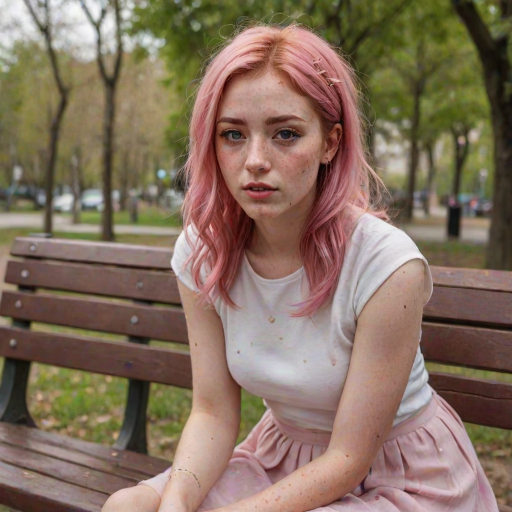 close-up, brown and prominent freckles, extremely detailed, pink hair, young woman, facial features, bright, flash, outdoors, ((small eyes)), realistic, real, clear, iPhone camera, sitting on a bench, spring winds, skirt, intriguing look, sexy pose