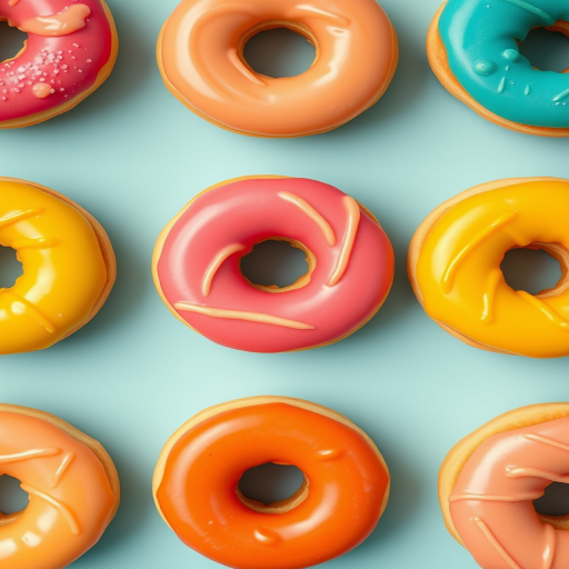 Create a high-resolution image of a repeating pattern featuring assorted donuts in vibrant colors, using a Canon EOS R5 camera with a 50mm f/1.2 lens, at ISO 100, f/8 aperture, and a shutter speed of 1/125 sec, with a straight-on view and bright lighting to emphasize colors and textures.