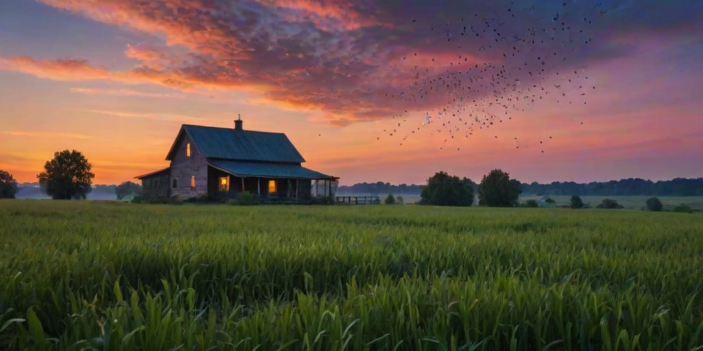 Serene countryside scene at dusk, with a farmhouse silhouetted against a colorful sky, fireflies dancing in the air, creating a magical evening atmosphere.