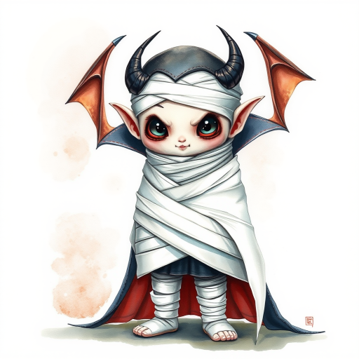 hyperrealism watercolor illustration. cute Dracula with white wrap wrapped like an upright walking mummy.
