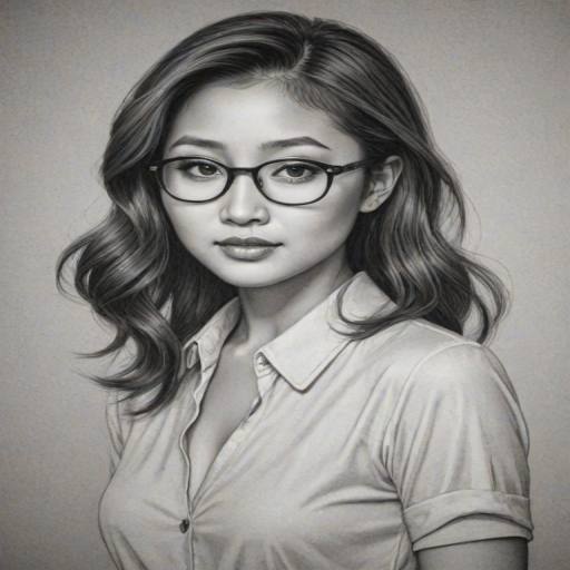 Appealing Brenda Song, pencil sketch, portrait of Alluring woman 1935s in glasses, hair style beatnik, outline, clear lines, fine lines, 8k