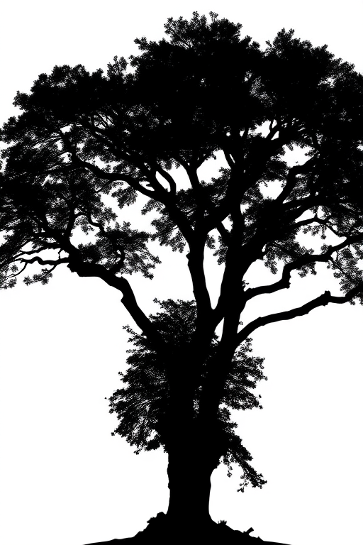 Generate an image of a detailed black silhouette of a tree against a white background, using a DSLR camera with a 50mm lens at f/1.8, ISO 100, and 1/200 shutter speed, side view, with soft lighting for enhanced contrast.