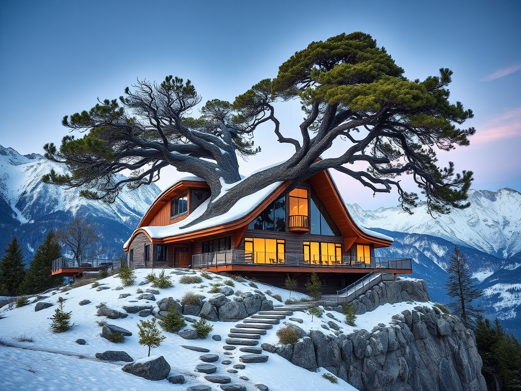 A futuristic mountain home integrated with nature, featuring a large tree on top, surrounded by snow-capped mountains, shot with a Canon EOS R5 at f/8, 1/200s, ISO 100, in a wide-angle view using HDR photography style for vivid detail and enhanced color contrast.