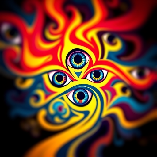Generate a vibrant, high-resolution image of a stylized design featuring multiple eyes intertwined with flowing abstract shapes, using a Canon EOS 5D Mark IV, 50mm lens, aperture f/1.8, ISO 100, with a shallow depth of field to create a soft background effect.