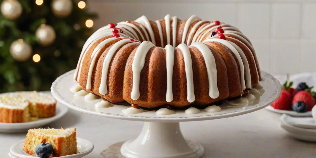Create an image of a beautifully decorated bundt cake on a white pedestal. The cake should have a golden brown exterior with a smooth, glossy white glaze drizzled on top, partially cascading down the sides. The background should be simple and bright to emphasize the cake's details.