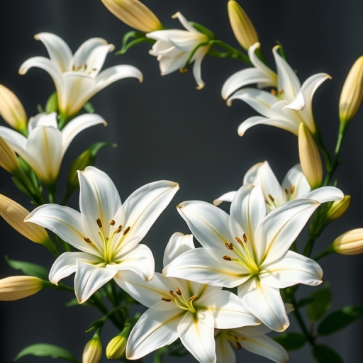 create a floral wreath of white lilies on a transparent background, shot with a macro lens at f/2.8, ISO 100, 1/200 sec, in natural light with a shallow depth of field for a soft background blur, using a DSLR camera with a 100mm macro lens