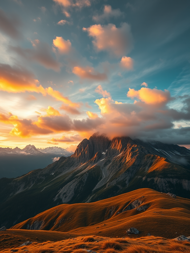 mountain landscape during sunset with dramatic clouds and golden hues, high dynamic range, f/8 aperture, ISO 100, 1/125 sec shutter speed, shot from a tripod with a full-frame DSLR camera, landscape orientation