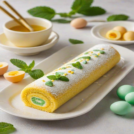 Create an image of a bright yellow dessert roll, featuring a smooth sponge cake filled with cream. The roll is decorated with mint leaves and small edible eggs nestled in delicate white chocolate cups on top. The setting includes a white plate with a golden serving spatula and a few small bowls filled with snacks in the background.