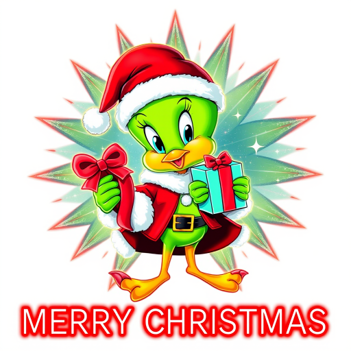 Merry Christmas” cosmic star art tweety bird wearing a Christmas hat and Santa jacket holding gift with a big bow tweety bird is extremely detailed and vibrant behind her is star cosmic design on white background that’s all Christmas colors red green white the words “MERRY CHRISTMAS” is written at the bottom in red electric font outline in black 3000dpi 32k