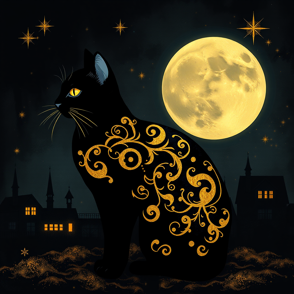 a stylized black cat with iridescent golden arabesques all over its body, on a grungy smoky black background with matching celestial designs, a full moon with silhouettes of lit houses, bright shooting stars, dazzling, magical BG, reminiscent of Christmas wonderland