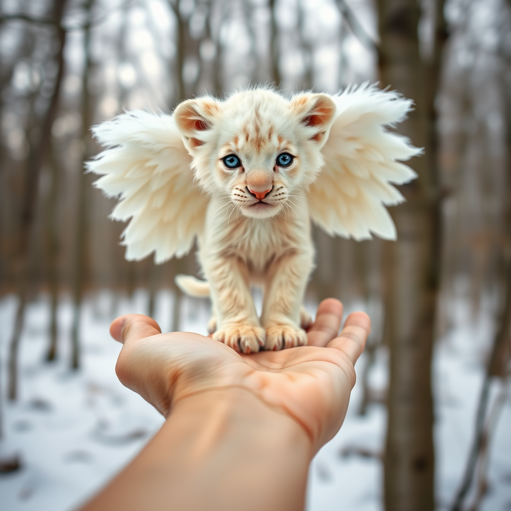A small, white lion cub with angelic wings standing on a human hand. The cub has a soft, fluffy texture with detailed fur, expressive blue eyes, and a curious expression. The wings are large and feathery, blending seamlessly with its fur, giving an ethereal appearance. The background is a winter forest, with the ground covered in snow and blurred brown trees, creating a serene atmosphere. The human hand in the foreground is positioned palm-up, supporting the lion cub gently, fingers slightly curled. The lighting is soft and diffused, enhancing the tender and magical feel of the scene. Colors are predominantly neutral with white, cream, and soft browns, contrasting with the subtle blue of the lion cub's eyes. The overall composition is balanced, with the cub at the center, creating a focal point that draws the viewer's attention immediately.