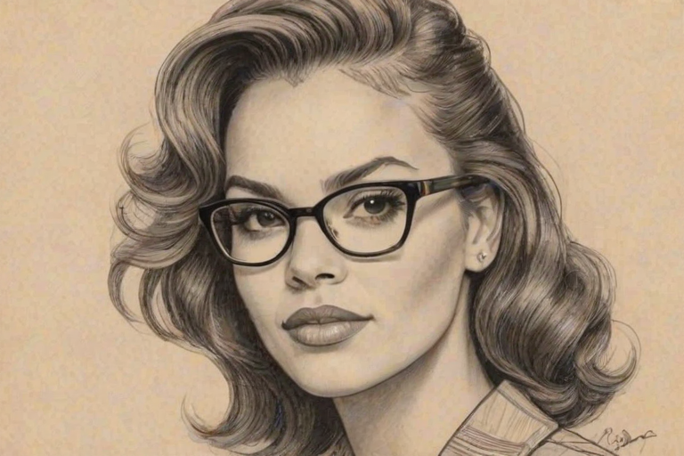 Resplendent Leslie Grace, pencil sketch, portrait of Charming woman 1947s in glasses, hair style beatnik, outline, clear lines, fine lines, 8k
