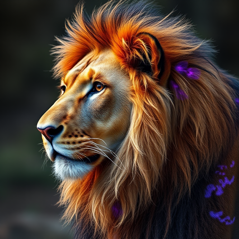 Create a hyper-realistic image of a lion with cosmic, colorful patterns on its fur, showcasing vibrant blues and purples, captured in a dramatic side profile view using a DSLR camera, with a 50mm lens, aperture set to f/1.8, ISO 200, and a soft bokeh background to enhance depth and detail.