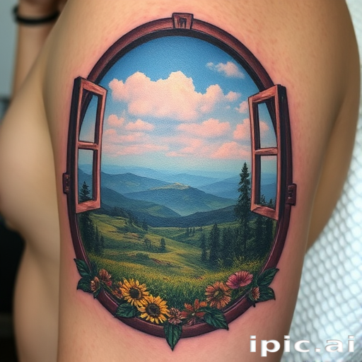 Photorealistic color tattoo titled "Nature's Canvas" depicting a lifelike landscape scene with meticulous attention to detail in natural colors creating the illusion of a window on the skin