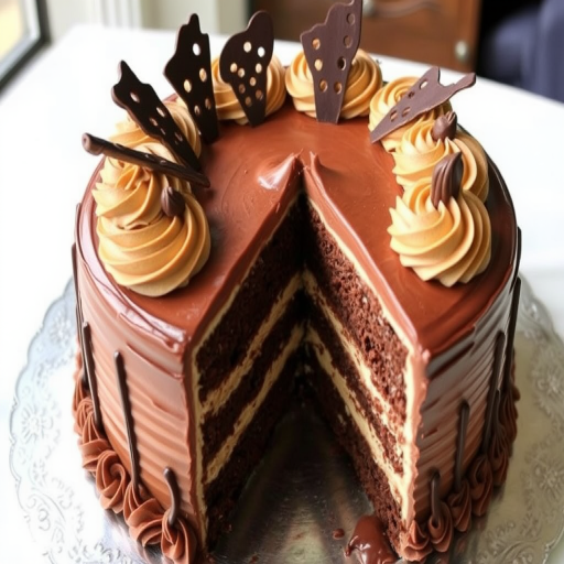 A beautifully decorated chocolate cake with multiple layers and intricate frosting designs topped with chocolate shards and swirls, one slice cut out to reveal the rich, moist layers inside, placed on a decorative silver platter.