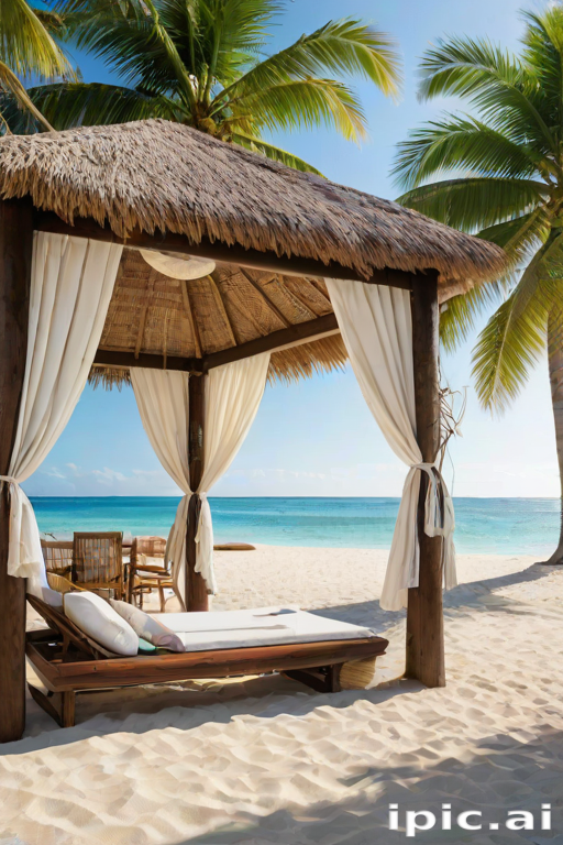 Create a picturesque tropical beach scene featuring a serene, white sandy shore. In the foreground, there's a rustic wooden canopy with white drapes gently flowing in the breeze. Underneath the canopy, a table is set with tropical decor, evoking a sense of relaxation and leisure. The beach extends into a calm, shallow water area with reflections of the sky and surroundings. Palm trees and lush greenery line the edge of the beach, providing a natural, tropical backdrop. The sky is clear with a few scattered clouds, and the overall atmosphere is tranquil and inviting, perfect for a peaceful retreat.