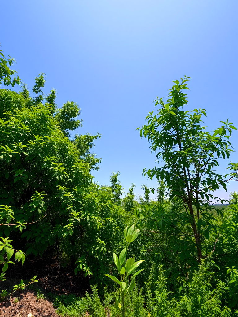 Capture a high-resolution image of a serene natural landscape featuring lush greenery and a clear blue sky, using a Canon EOS R5, aperture f/8, shutter speed 1/250s, ISO 100, in landscape orientation with a wide-angle lens.