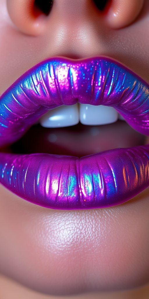 Ethereal holographic lips shimmering with iridescent blues and purples, creating a multidimensional appearance that shifts colors as light moves across them