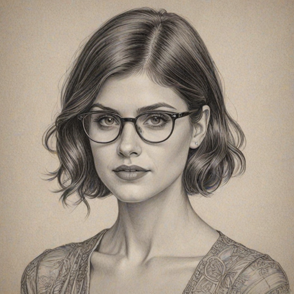 Charming Alexandra Daddario, pencil sketch, portrait of Dazzling woman 1920s in glasses, hair style beatnik, outline, clear lines, fine lines, 8k