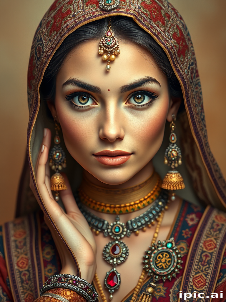 Create a portrait of a beautiful woman with striking hazel eyes and a gentle expression. She is adorned in traditional attire with intricate patterns, including a richly embroidered headscarf and matching garments. Her jewelry includes a delicate headpiece, dangling earrings, and ornate bracelets, all featuring vibrant gemstones and detailed metalwork. The background is soft and warm, enhancing the rich colors of her outfit and jewelry.