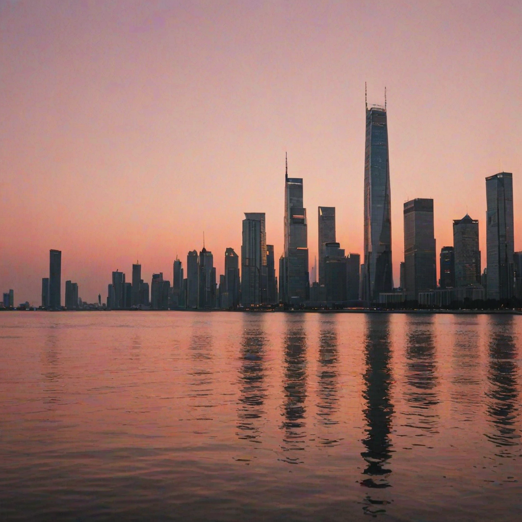Sharp, high-resolution photo of a city skyline at dusk, the sky painted with soft pink and orange hues, distant skyscrapers illuminated by the setting sun, soft reflections on the water below, and a feeling of quiet transition.