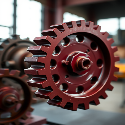 Create a highly detailed image of a large, intricate gear with a maroon color, using a DSLR camera with a 50mm lens, f/1.8 aperture, ISO 100, and a shallow depth of field to emphasize the gear's texture against a soft blurred background, in high-resolution with studio lighting.
