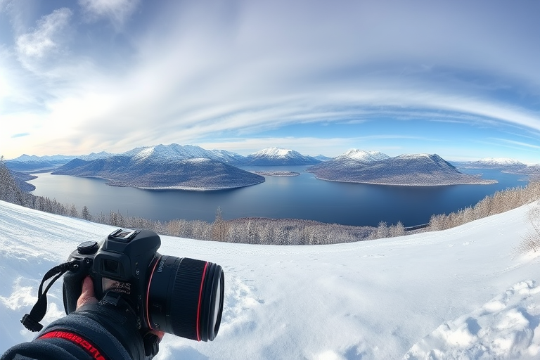 Capture a panoramic view of a snowy landscape with a lake and mountains in the background, using a DSLR camera set to ISO 100, aperture f/8, shutter speed 1/250s, focal length 24mm, in natural light for enhanced clarity and detail.