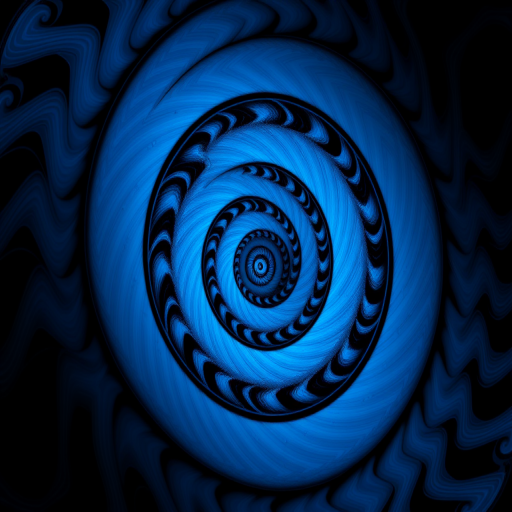 generate a high-resolution fractal pattern with intricate blue and black spirals using a DSLR camera at f/11, 1/250s shutter speed, ISO 200, wide-angle lens, and a macro style for enhanced detail and clarity