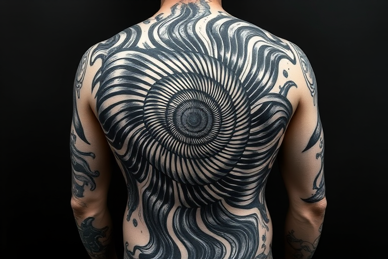 Psychedelic blackwork tattoo covering the entire back, depicting a mind-bending optical illusion with swirling vortexes and fractals in solid black ink