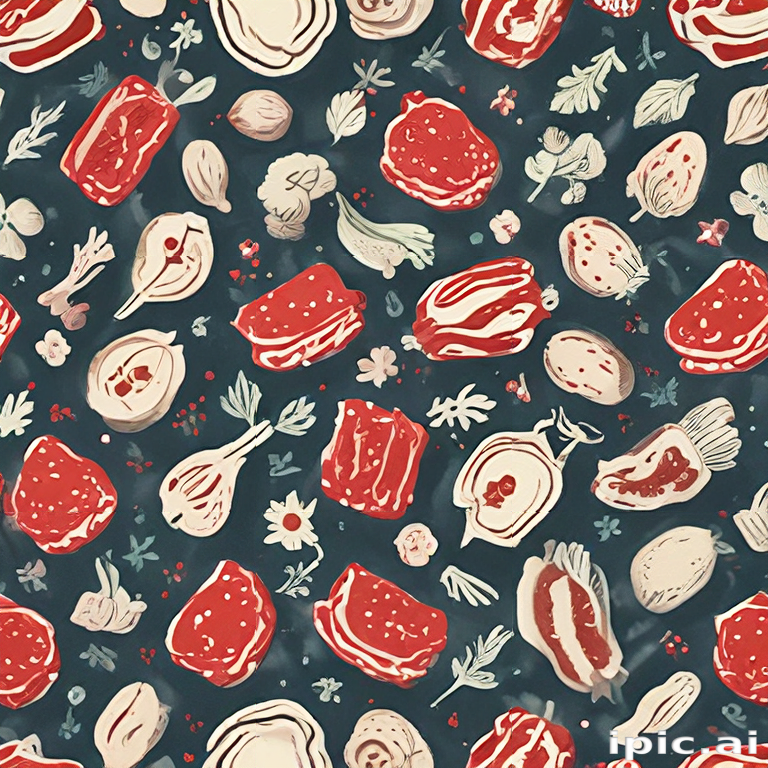 Cyan Meat Pattern A Colorful Pattern Featuring Various Cuts of Meat and Vegetables.