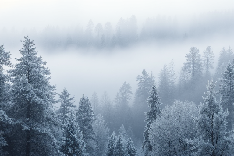 a misty winter forest with layers of frosted trees and soft fog enveloping the landscape