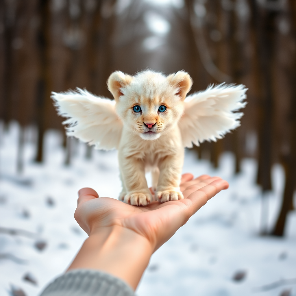A small, white lion cub with angelic wings standing on a human hand. The cub has a soft, fluffy texture with detailed fur, expressive blue eyes, and a curious expression. The wings are large and feathery, blending seamlessly with its fur, giving an ethereal appearance. The background is a winter forest, with the ground covered in snow and blurred brown trees, creating a serene atmosphere. The human hand in the foreground is positioned palm-up, supporting the lion cub gently, fingers slightly curled. The lighting is soft and diffused, enhancing the tender and magical feel of the scene. Colors are predominantly neutral with white, cream, and soft browns, contrasting with the subtle blue of the lion cub's eyes. The overall composition is balanced, with the cub at the center, creating a focal point that draws the viewer's attention immediately.