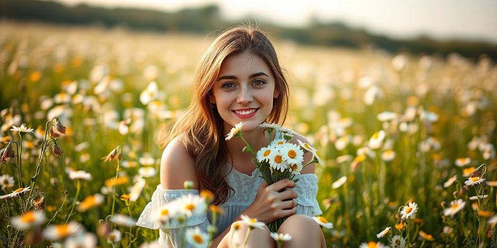 portrait of a young woman sitting in a flower field holding a bouquet of daisies, soft natural lighting, aperture f/2.8, shutter speed 1/250s, ISO 100, shallow depth of field, taken with a Canon EOS R5, 85mm lens, in a candid style