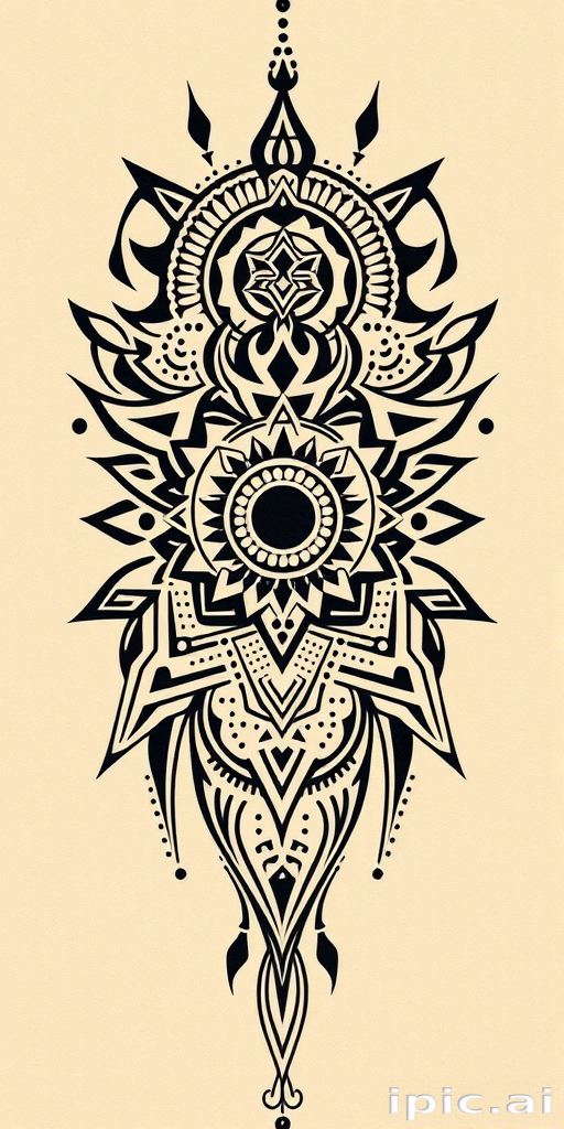Tribal fusion tattoo called "Ancient Modernism" blending traditional tribal patterns with contemporary geometric shapes and dot work creating a unique hybrid style that bridges ancient and modern aesthetics